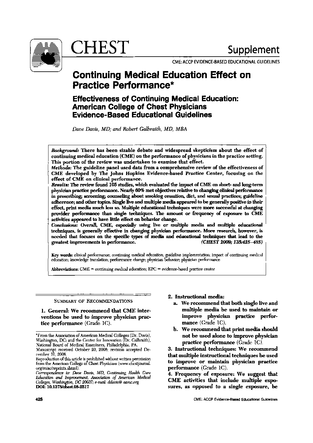 Continuing Medical Education Effect on Practice Performance : Effectiveness of Continuing Medical Education: American College of Chest Physicians Evidence-Based Educational Guidelines