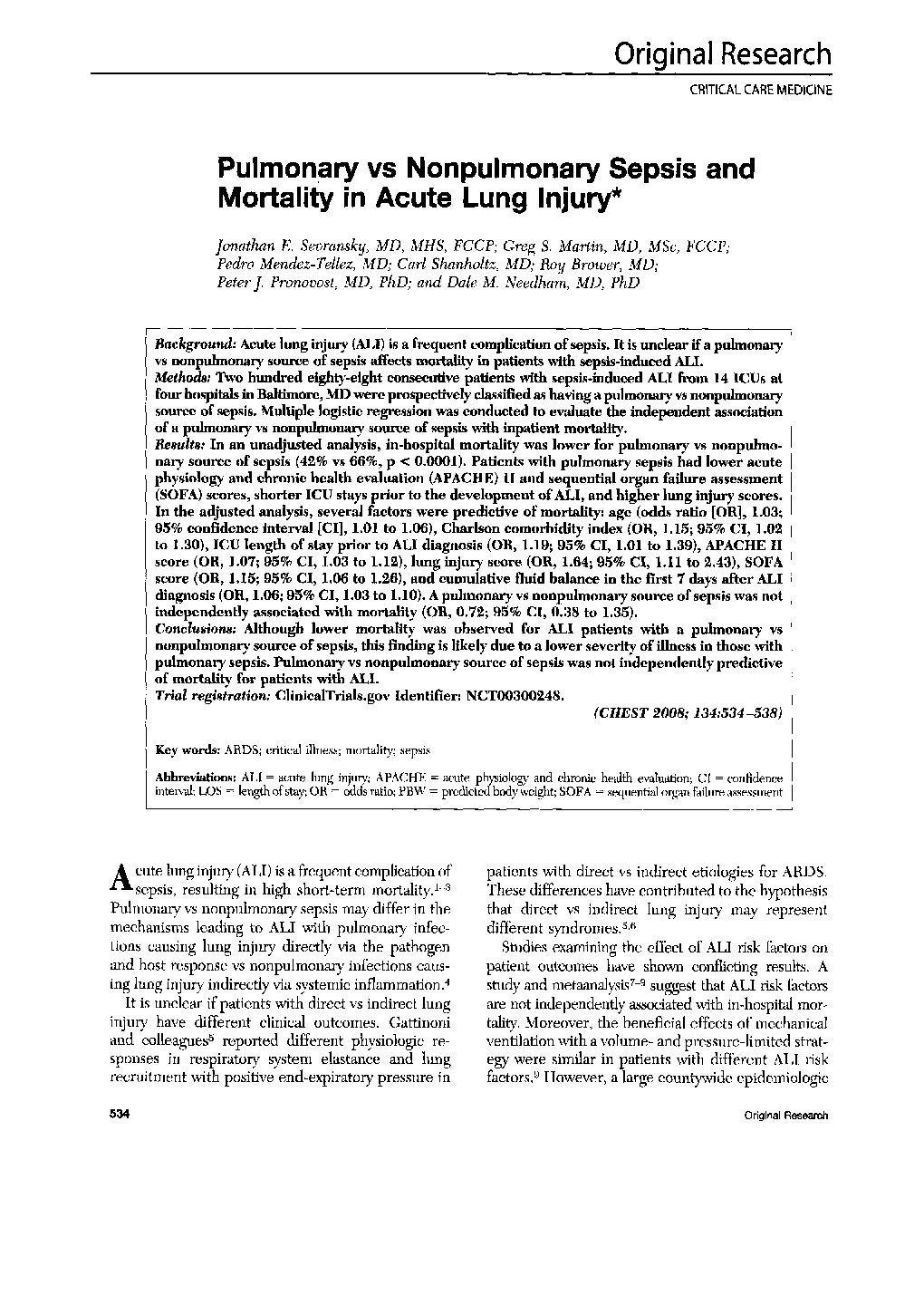 Pulmonary vs Nonpulmonary Sepsis and Mortality in Acute Lung Injury 