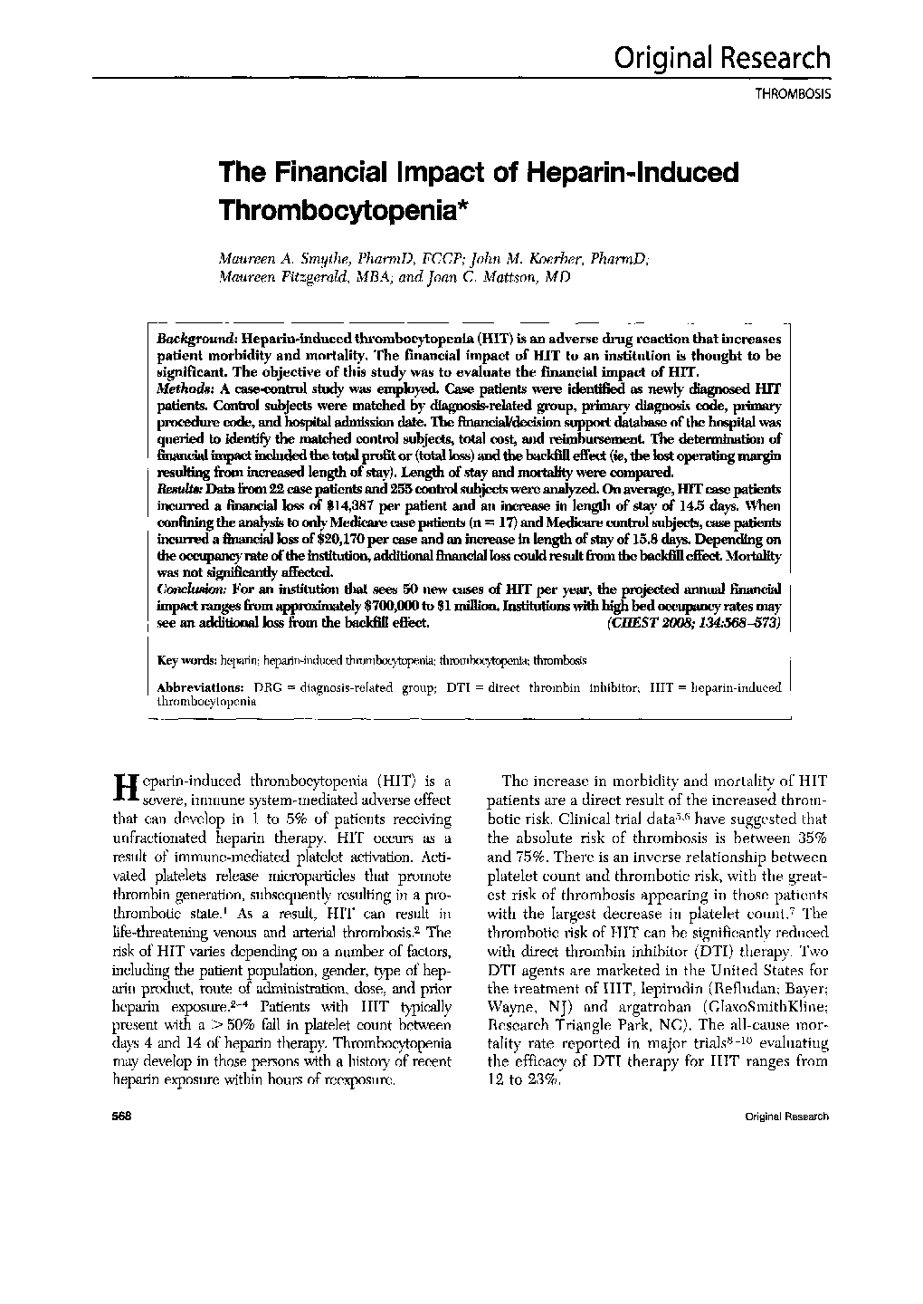 The Financial Impact of Heparin-Induced Thrombocytopenia 