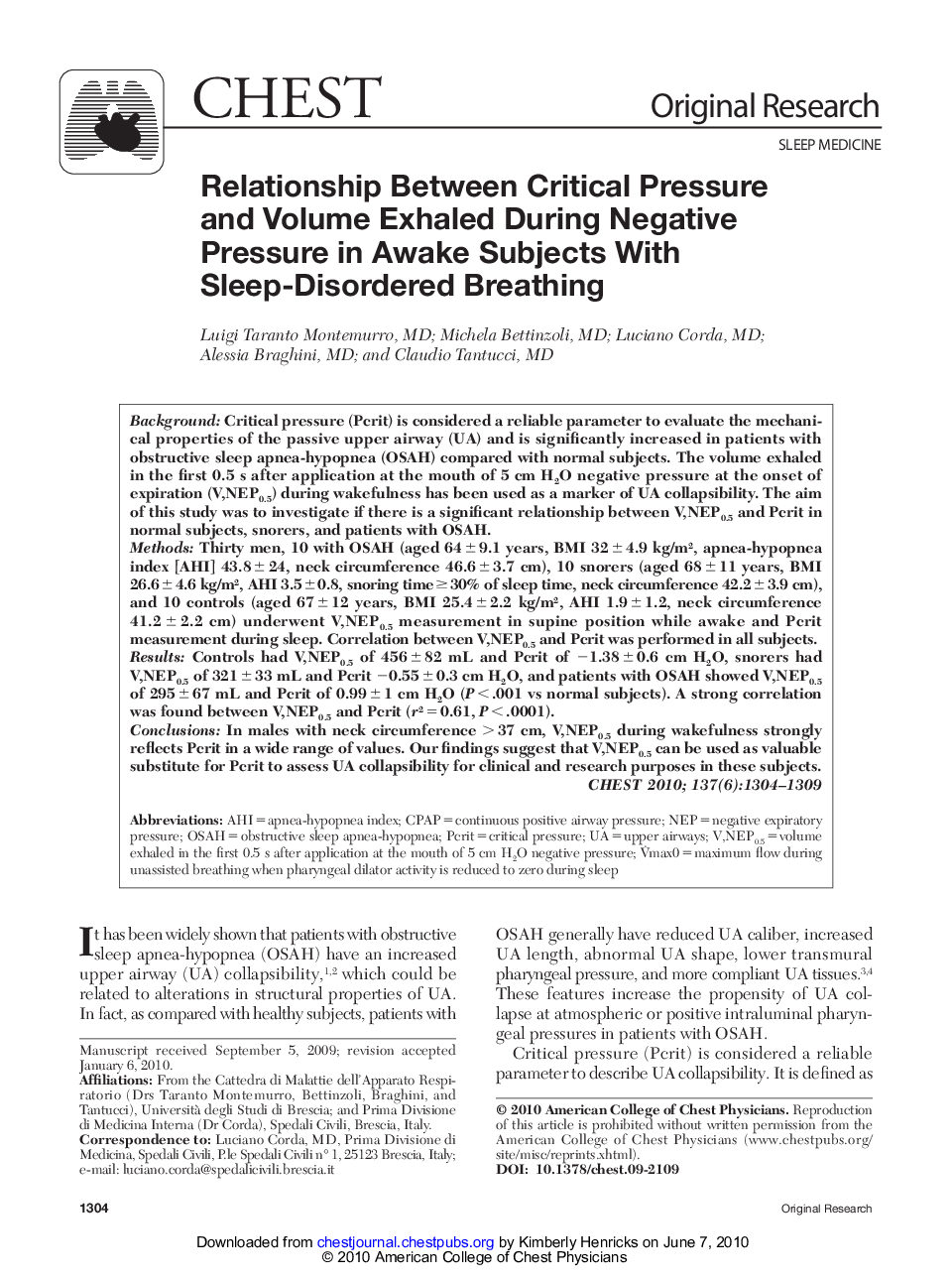 Relationship Between Critical Pressure and Volume Exhaled During Negative Pressure in Awake Subjects With Sleep-Disordered Breathing
