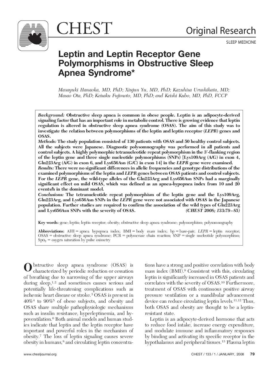 Leptin and Leptin Receptor Gene Polymorphisms in Obstructive Sleep Apnea Syndrome 