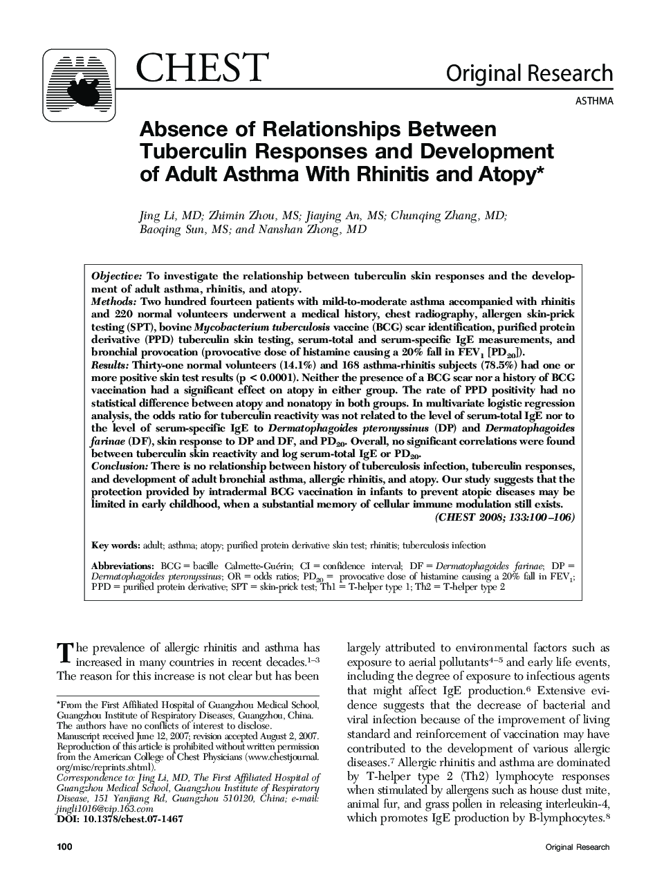 Absence of Relationships Between Tuberculin Responses and Development of Adult Asthma With Rhinitis and Atopy 