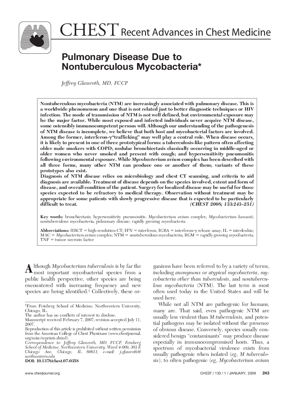 Pulmonary Disease Due to Nontuberculous Mycobacteria 