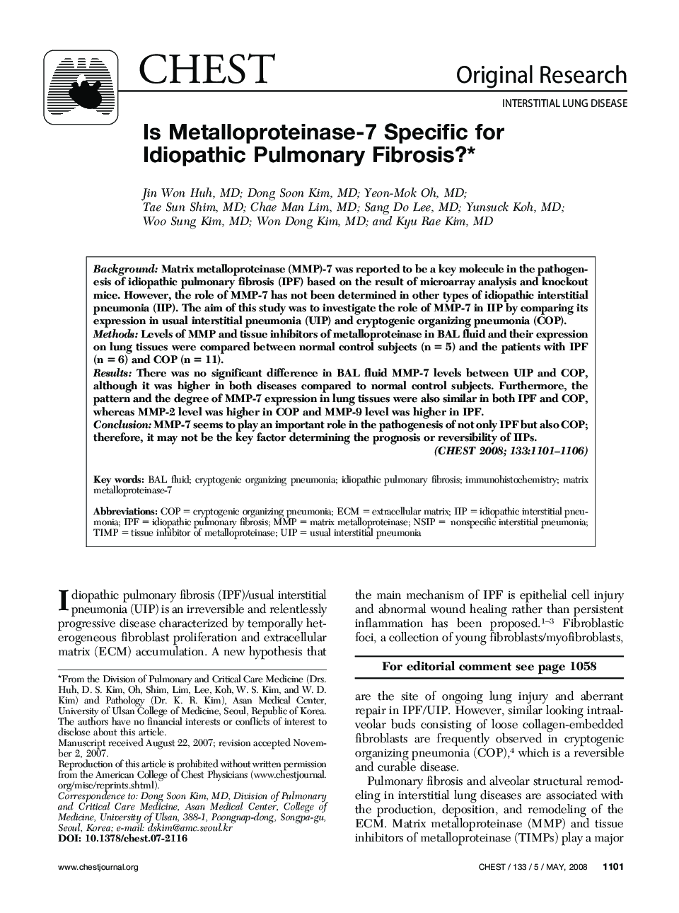 Is Metalloproteinase-7 Specific for Idiopathic Pulmonary Fibrosis? 