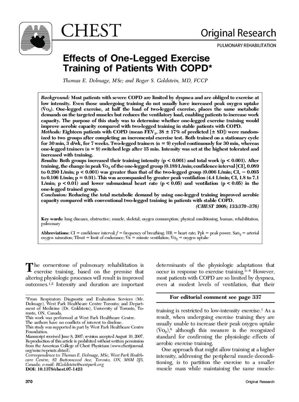 Effects of One-Legged Exercise Training of Patients With COPD 