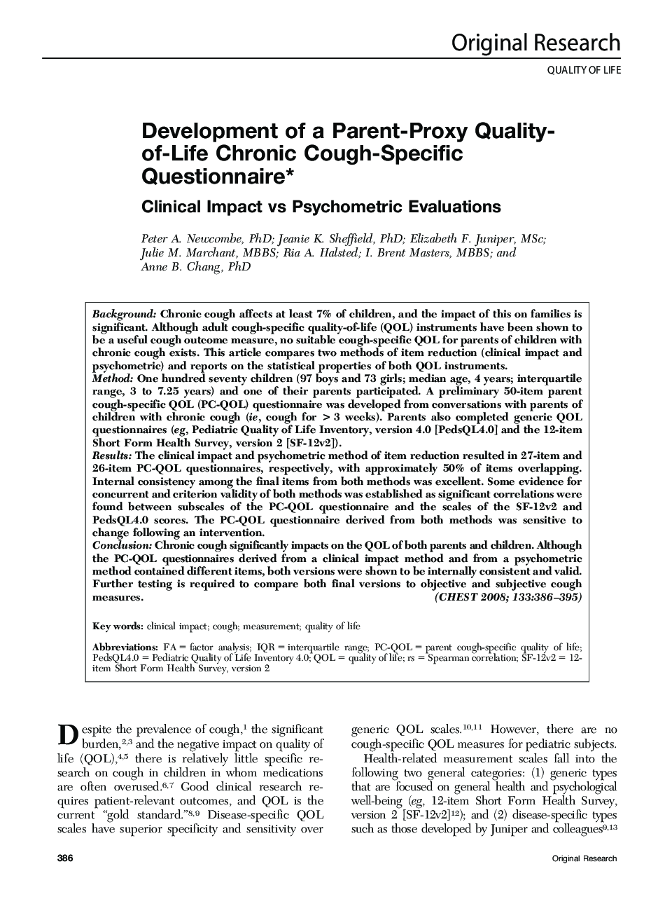 Development of a Parent-Proxy Quality-of-Life Chronic Cough-Specific Questionnaire : Clinical Impact vs Psychometric Evaluations