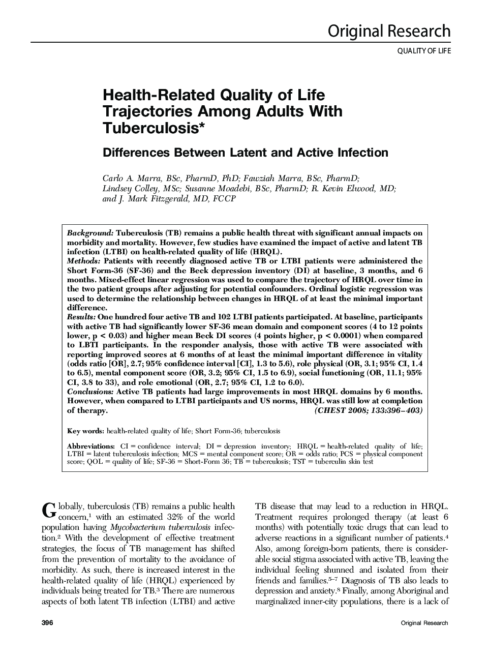 Health-Related Quality of Life Trajectories Among Adults With Tuberculosis : Differences Between Latent and Active Infection