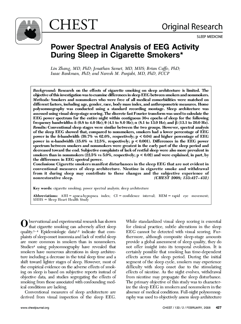 Power Spectral Analysis of EEG Activity During Sleep in Cigarette Smokers 