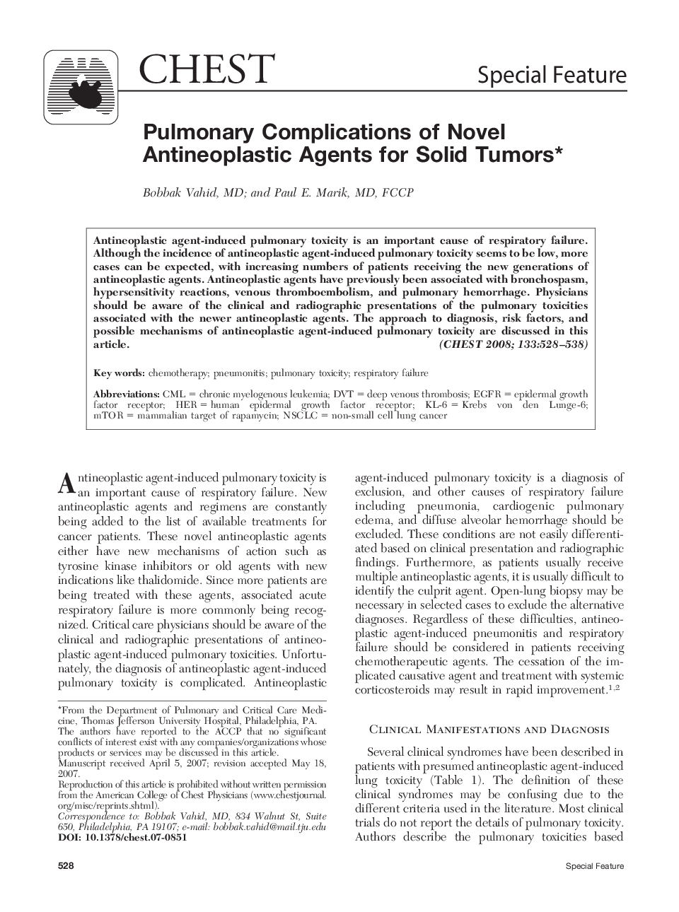 Pulmonary Complications of Novel Antineoplastic Agents for Solid Tumors 