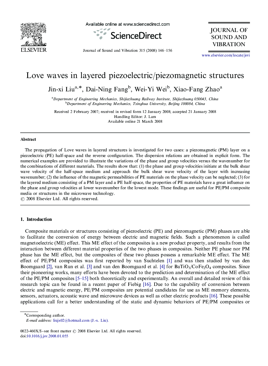 عکس صفحه اول مقاله: Love waves in layered piezoelectric/piezomagnetic structures Love waves in layered piezoelectric/piezomagnetic structures