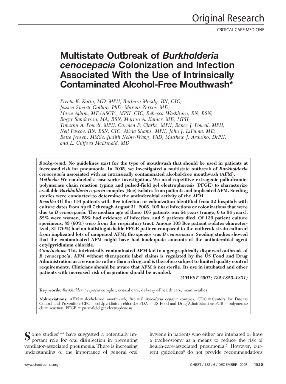 Multistate Outbreak of Burkholderia cenocepacia Colonization and Infection Associated With the Use of Intrinsically Contaminated Alcohol-Free Mouthwash 