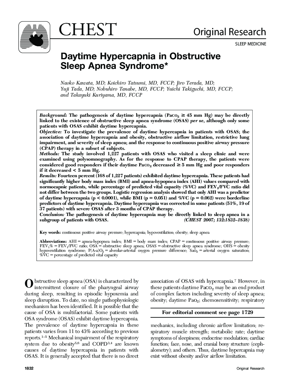 Daytime Hypercapnia in Obstructive Sleep Apnea Syndrome 