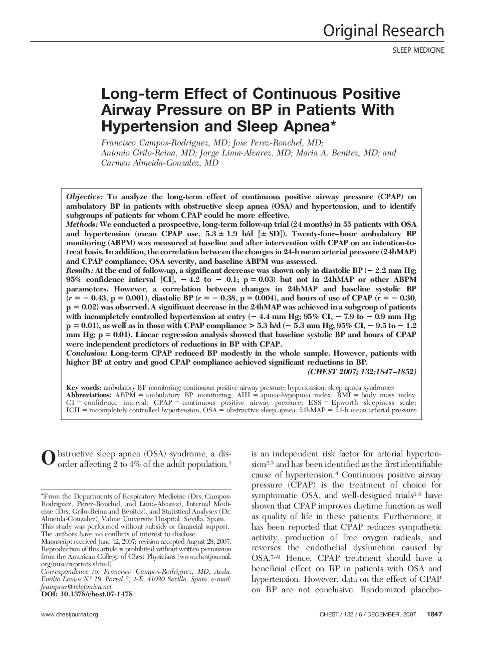 Long-term Effect of Continuous Positive Airway Pressure on BP in Patients With Hypertension and Sleep Apnea 