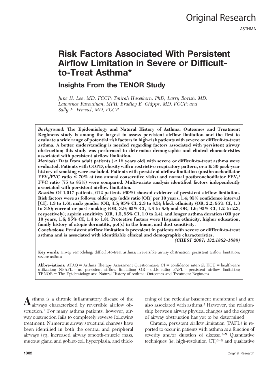 Risk Factors Associated With Persistent Airflow Limitation in Severe or Difficult-to-Treat Asthma : Insights From the TENOR Study