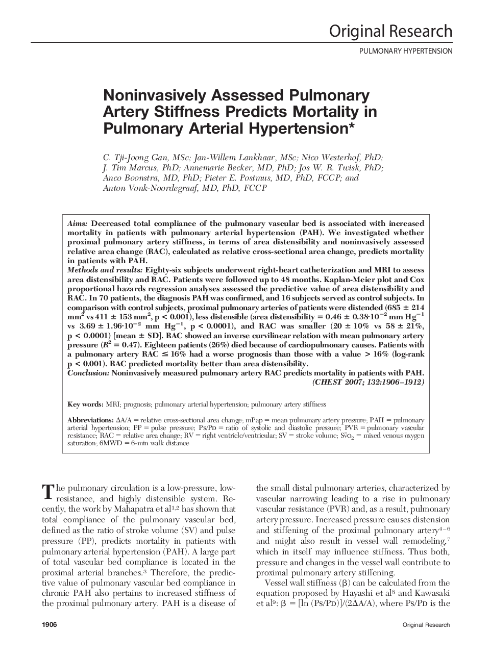 Noninvasively Assessed Pulmonary Artery Stiffness Predicts Mortality in Pulmonary Arterial Hypertension 