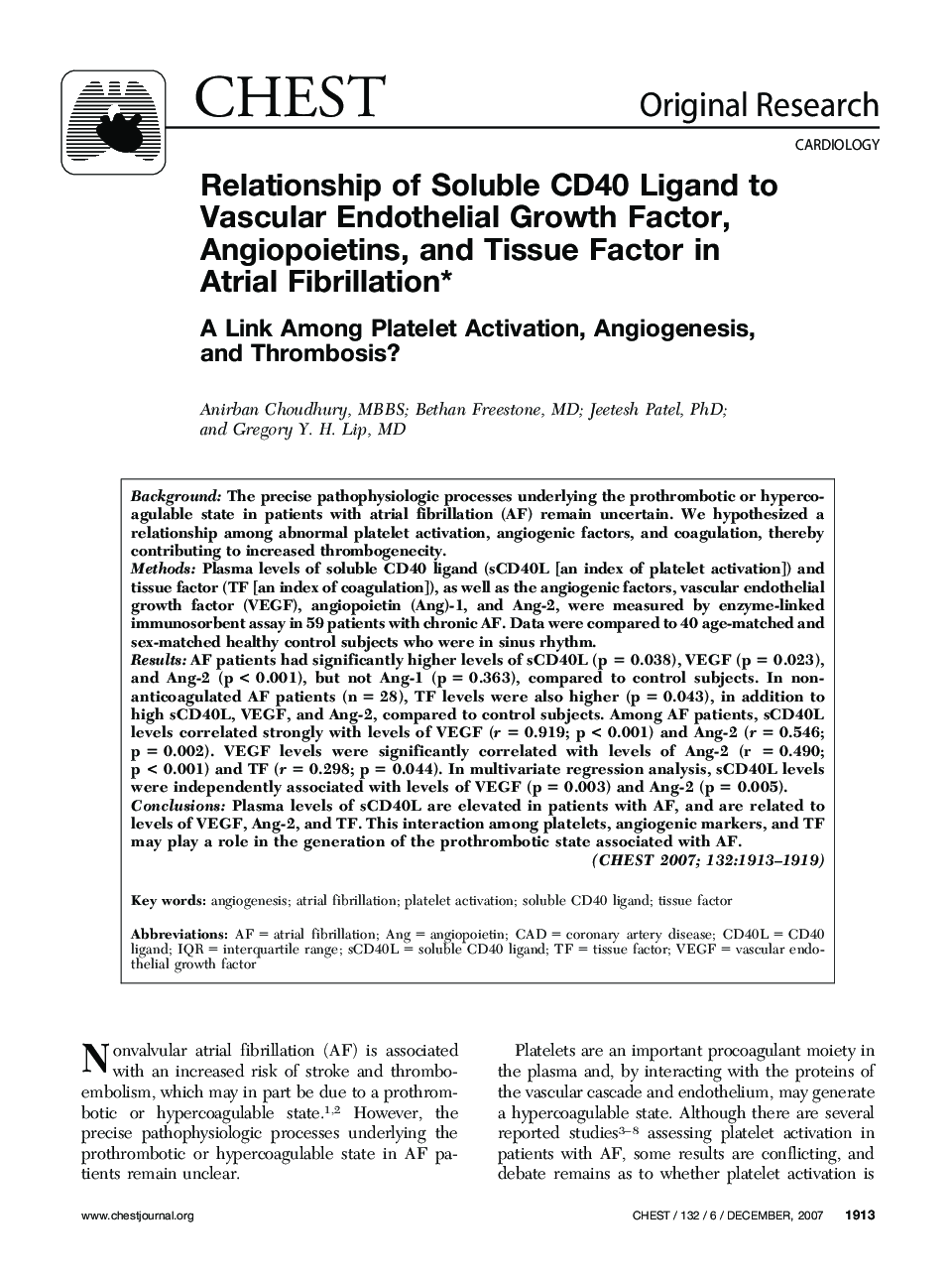 Relationship of Soluble CD40 Ligand to Vascular Endothelial Growth Factor, Angiopoietins, and Tissue Factor in Atrial Fibrillation : A Link Among Platelet Activation, Angiogenesis, and Thrombosis?