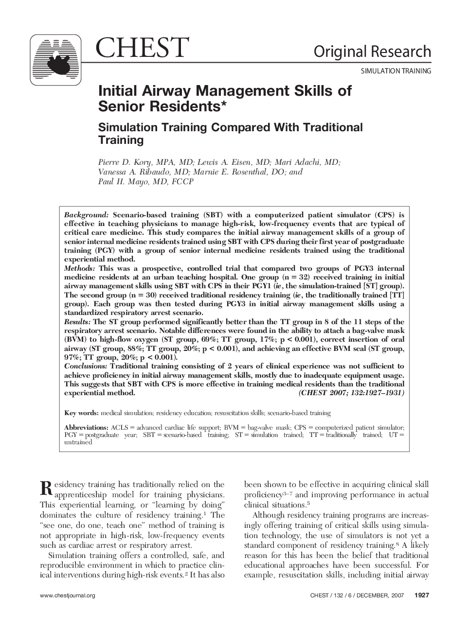 Initial Airway Management Skills of Senior Residents : Simulation Training Compared With Traditional Training