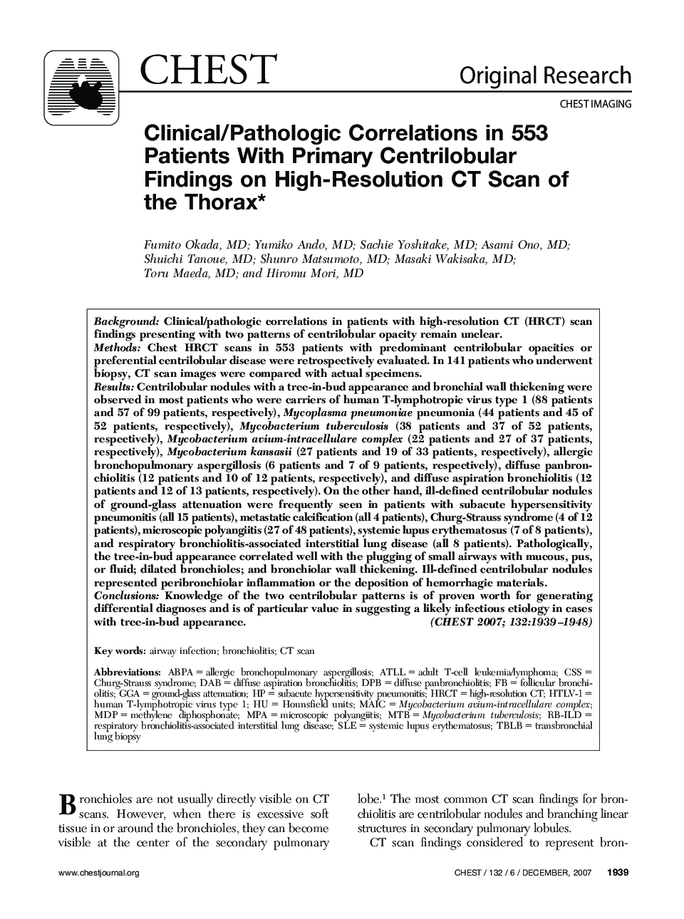 Clinical/Pathologic Correlations in 553 Patients With Primary Centrilobular Findings on High-Resolution CT Scan of the Thorax