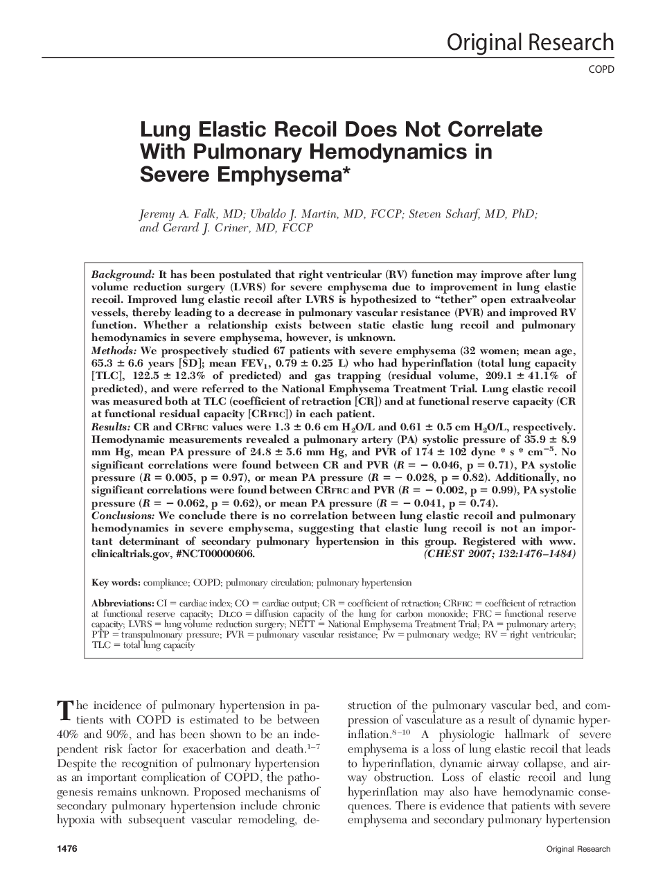 Lung Elastic Recoil Does Not Correlate With Pulmonary Hemodynamics in Severe Emphysema 