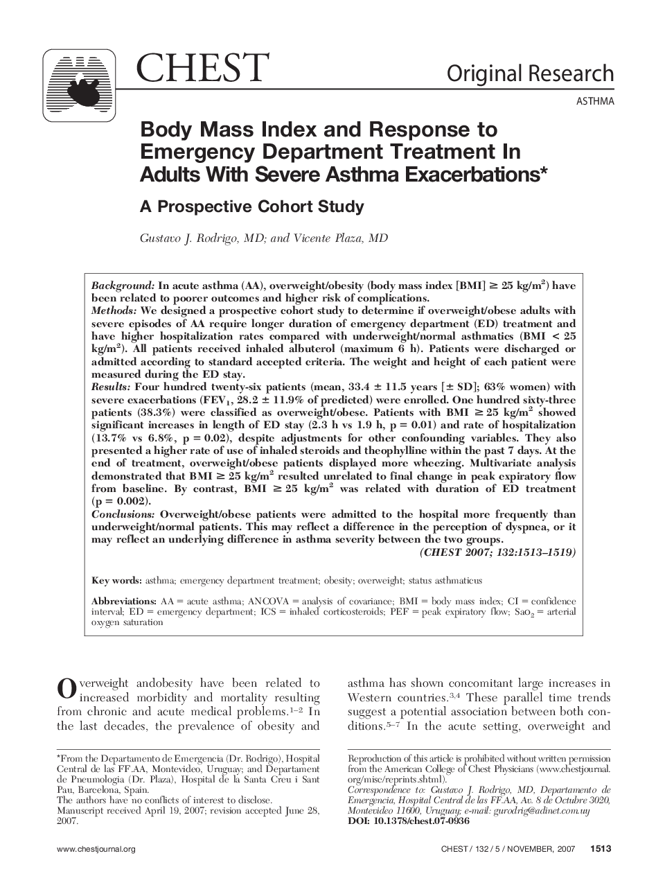 Body Mass Index and Response to Emergency Department Treatment In Adults With Severe Asthma Exacerbations : A Prospective Cohort Study