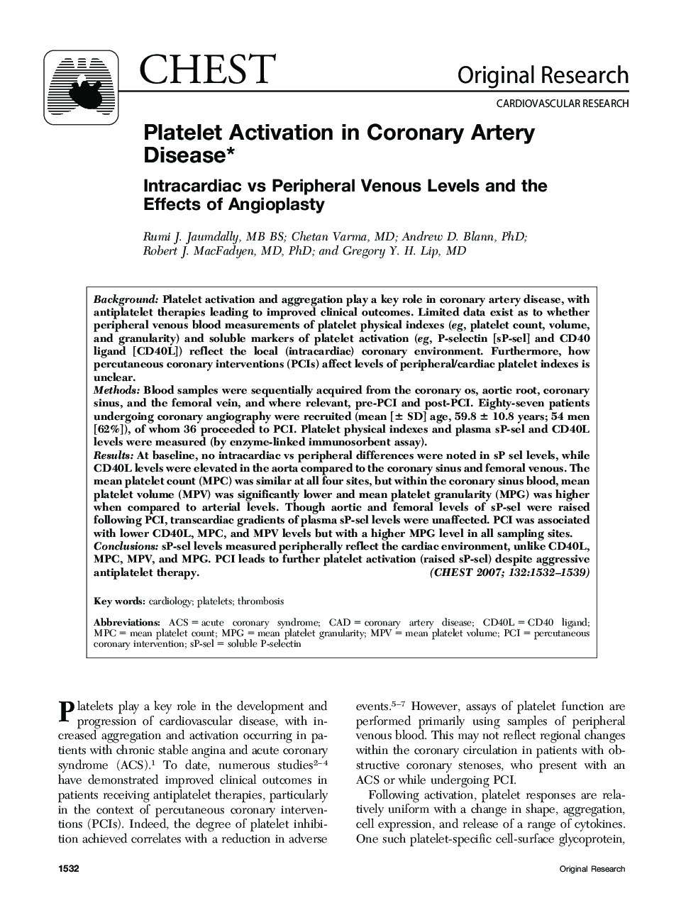Platelet Activation in Coronary Artery Disease : Intracardiac vs Peripheral Venous Levels and the Effects of Angioplasty