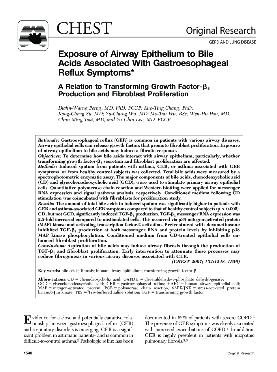 Exposure of Airway Epithelium to Bile Acids Associated With Gastroesophageal Reflux Symptoms : A Relation to Transforming Growth Factor-β1 Production and Fibroblast Proliferation