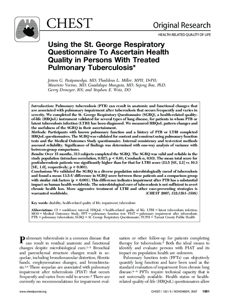 Using the St. George Respiratory Questionnaire To Ascertain Health Quality in Persons With Treated Pulmonary Tuberculosis 