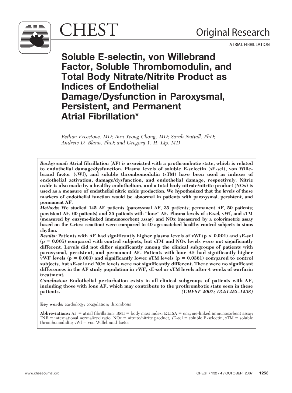 Soluble E-selectin, von Willebrand Factor, Soluble Thrombomodulin, and Total Body Nitrate/Nitrite Product as Indices of Endothelial Damage/Dysfunction in Paroxysmal, Persistent, and Permanent Atrial Fibrillation 