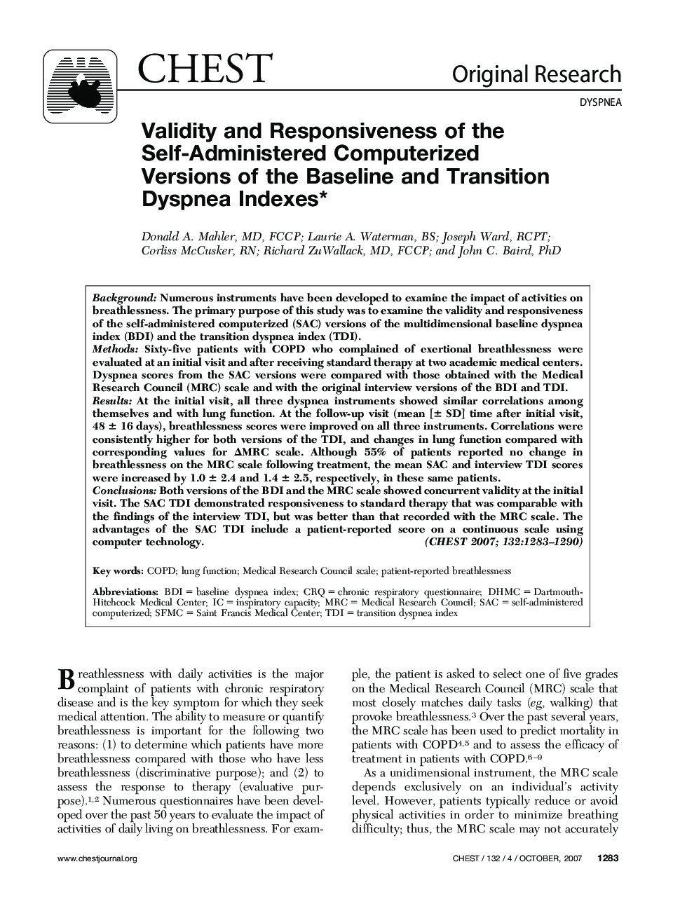 Validity and Responsiveness of the Self-Administered Computerized Versions of the Baseline and Transition Dyspnea Indexes 