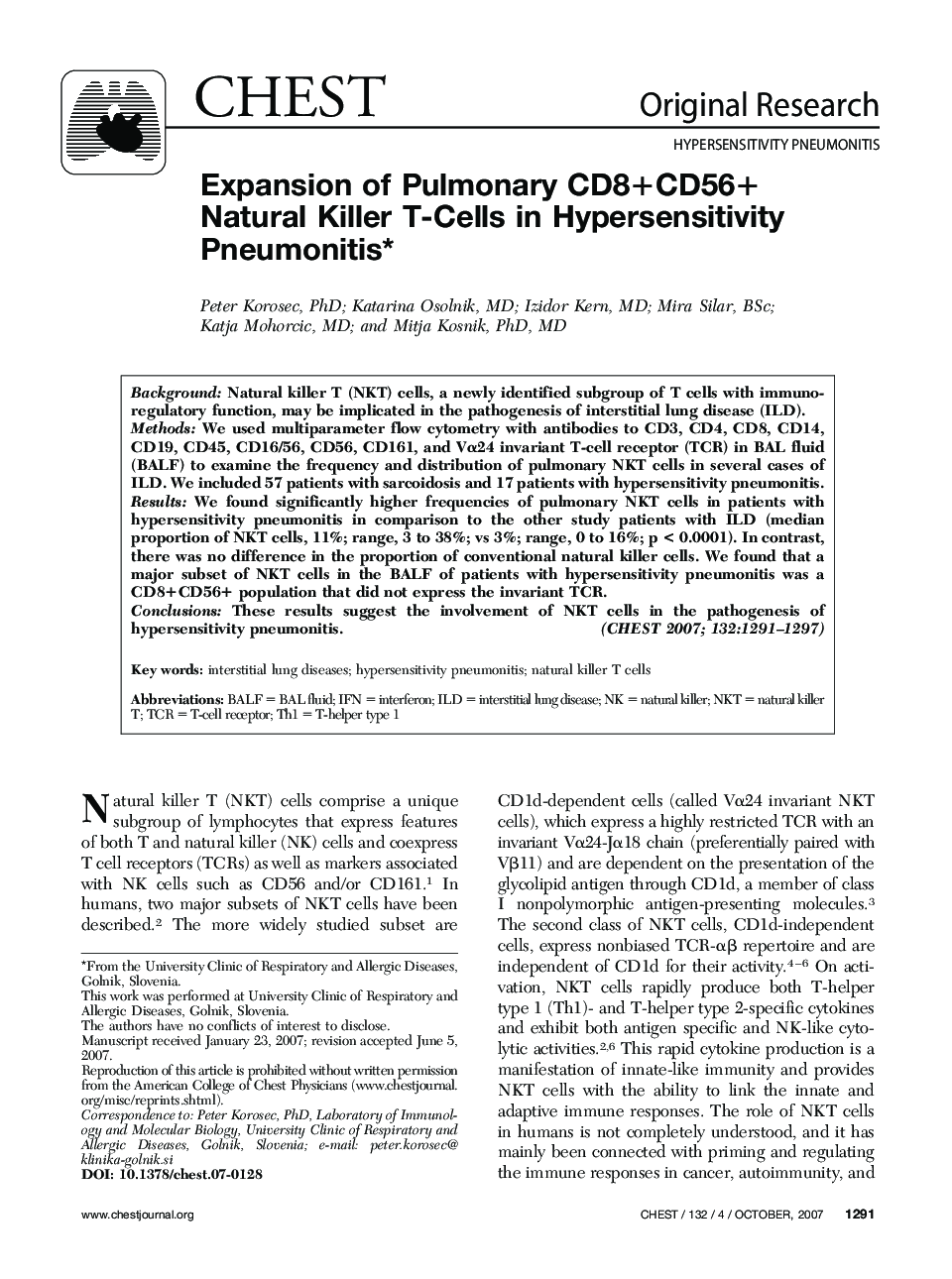 Expansion of Pulmonary CD8+CD56+ Natural Killer T-Cells in Hypersensitivity Pneumonitis 