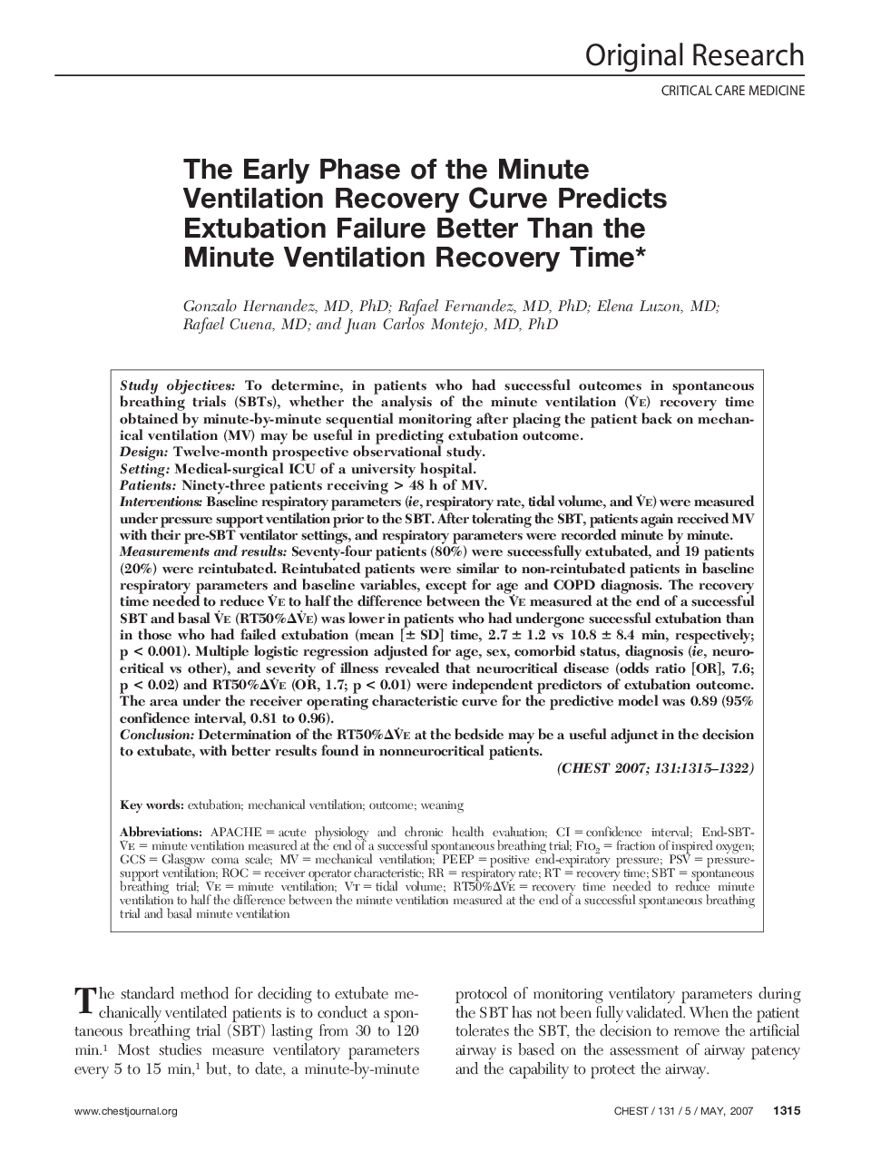 The Early Phase of the Minute Ventilation Recovery Curve Predicts Extubation Failure Better Than the Minute Ventilation Recovery Time