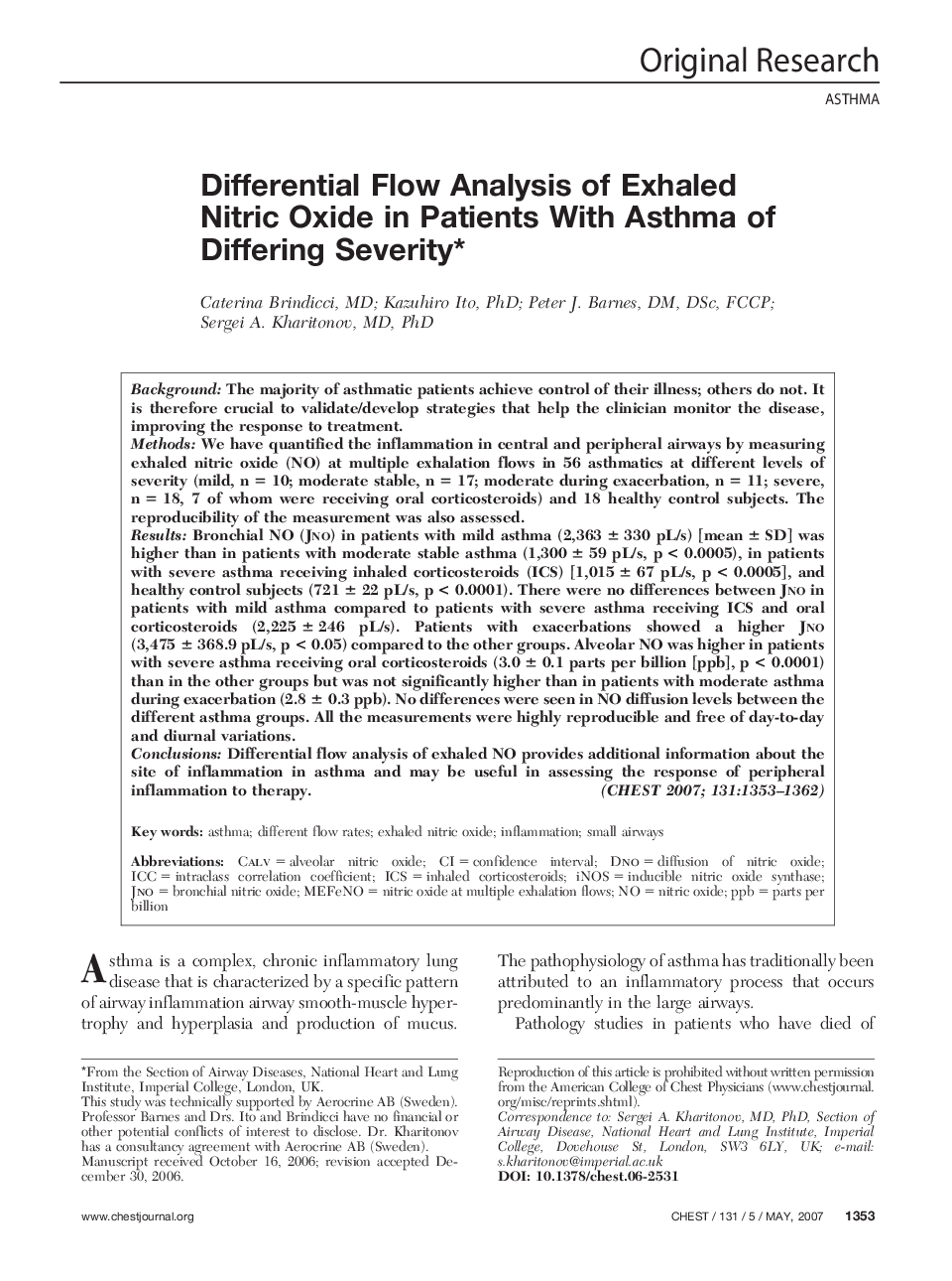 Differential Flow Analysis of Exhaled Nitric Oxide in Patients With Asthma of Differing Severity 