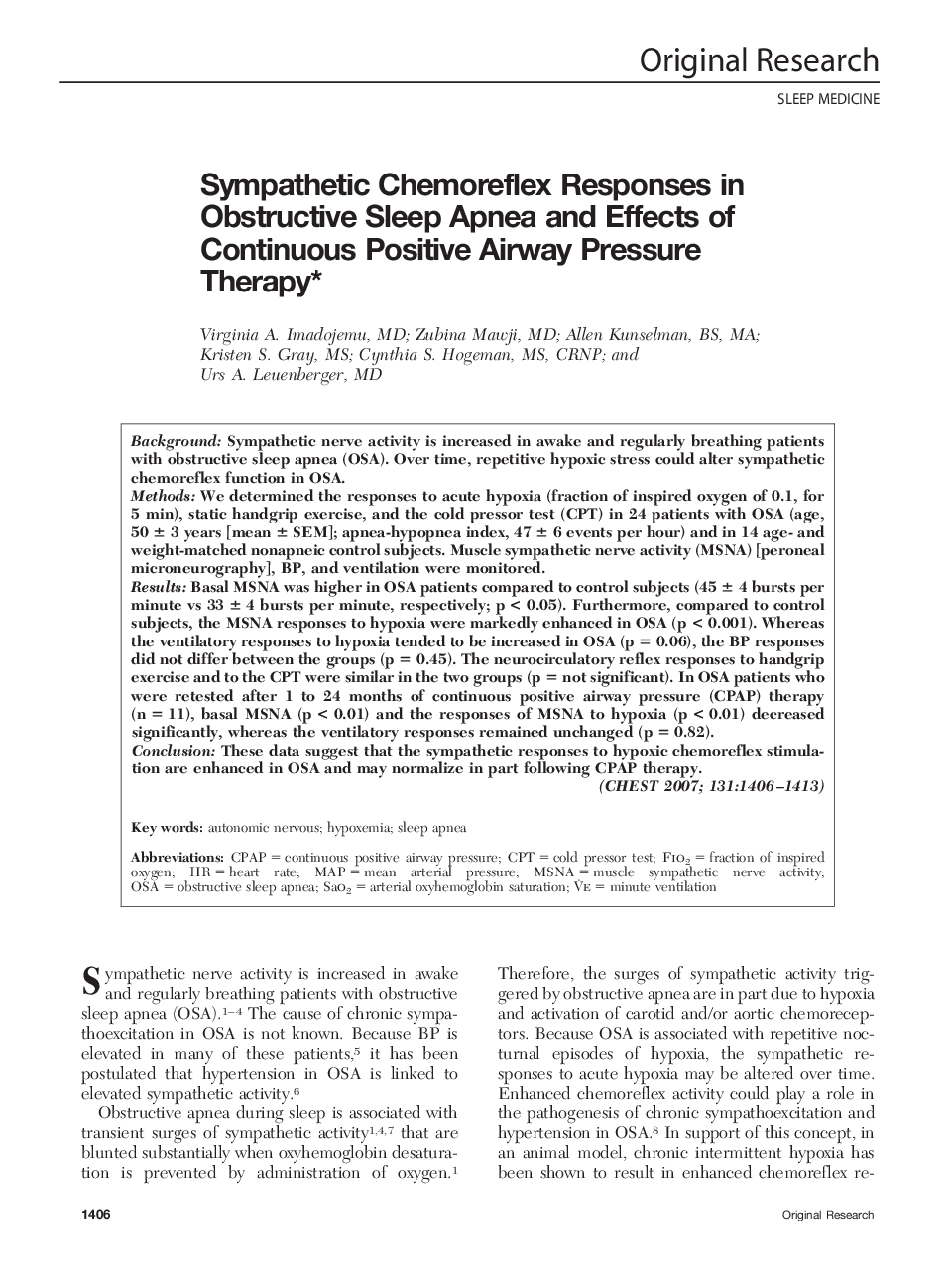 Sympathetic Chemoreflex Responses in Obstructive Sleep Apnea and Effects of Continuous Positive Airway Pressure Therapy 