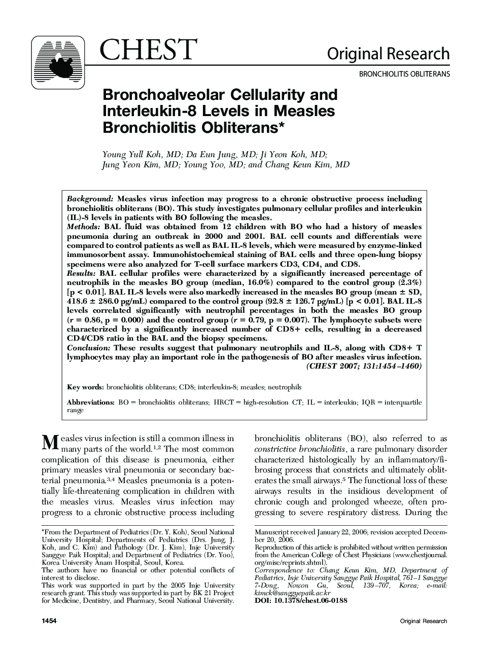 Bronchoalveolar Cellularity and Interleukin-8 Levels in Measles Bronchiolitis Obliterans 