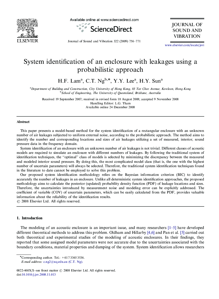 System identification of an enclosure with leakages using a probabilistic approach