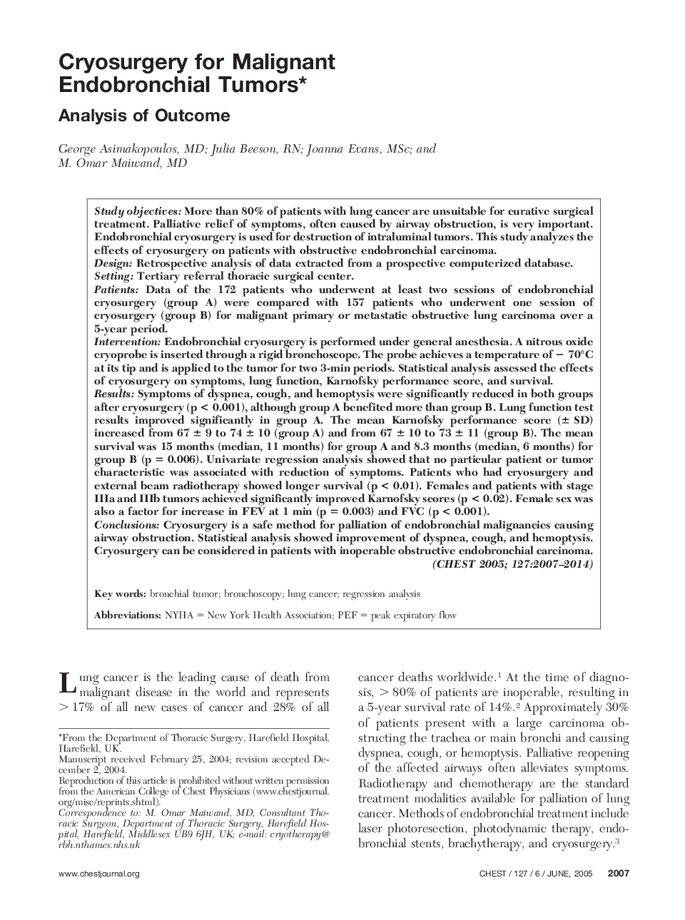 Cryosurgery for Malignant Endobronchial Tumors : Analysis of Outcome