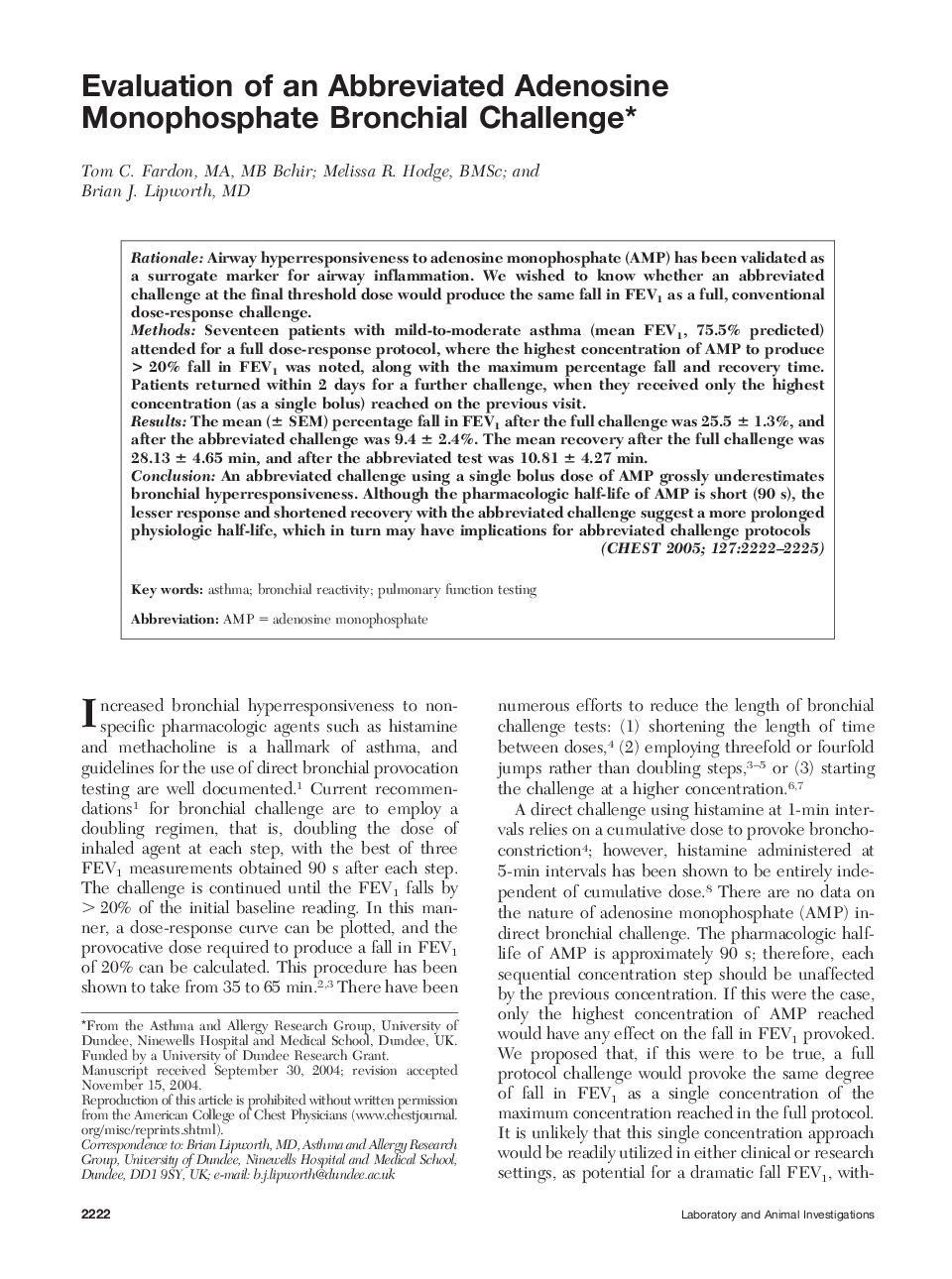 Evaluation of an Abbreviated Adenosine Monophosphate Bronchial Challenge