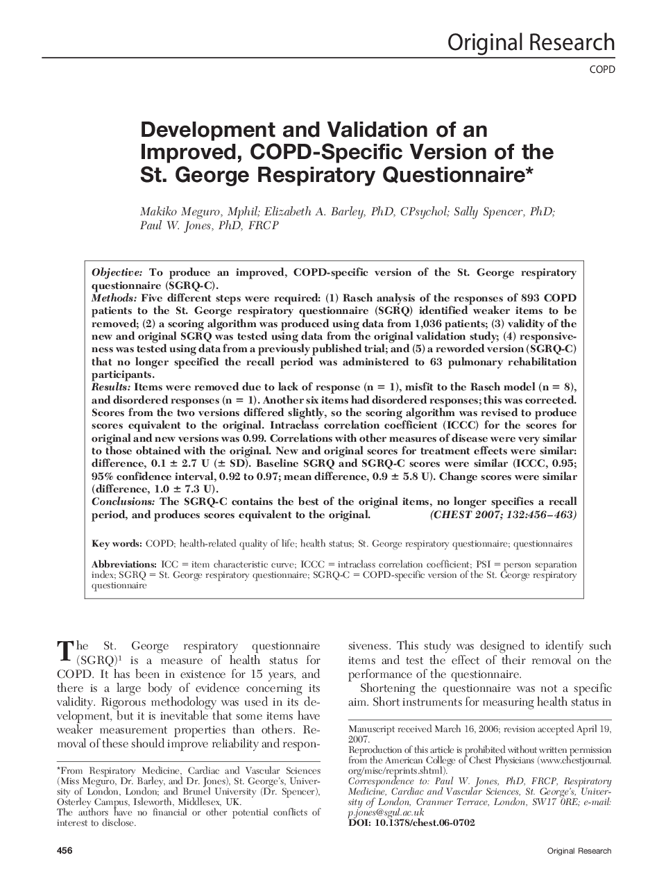 Development and Validation of an Improved, COPD-Specific Version of the St. George Respiratory Questionnaire 