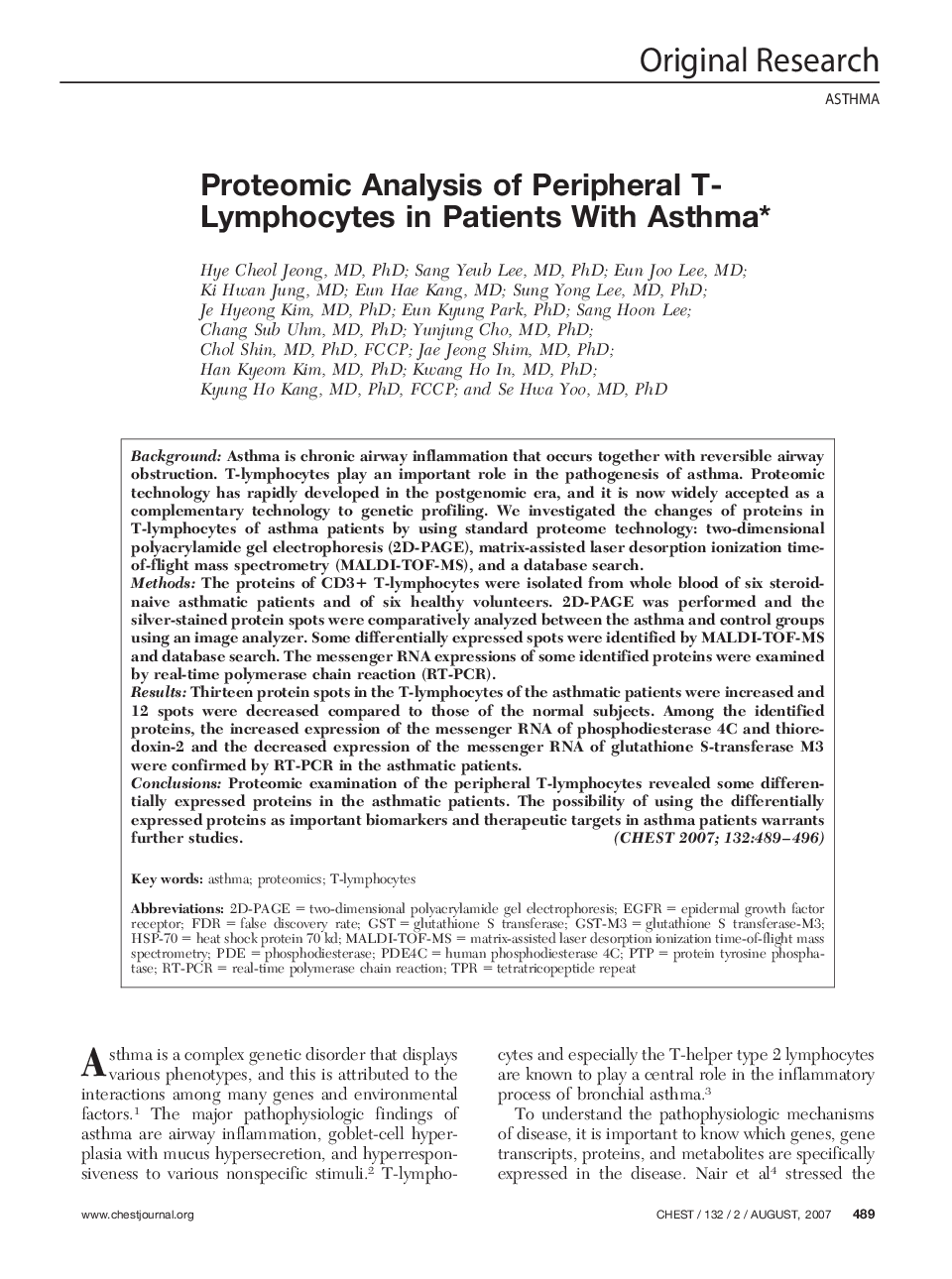 Proteomic Analysis of Peripheral T-Lymphocytes in Patients With Asthma 