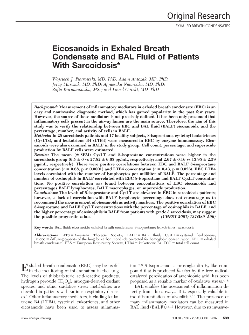 Eicosanoids in Exhaled Breath Condensate and BAL Fluid of Patients With Sarcoidosis 