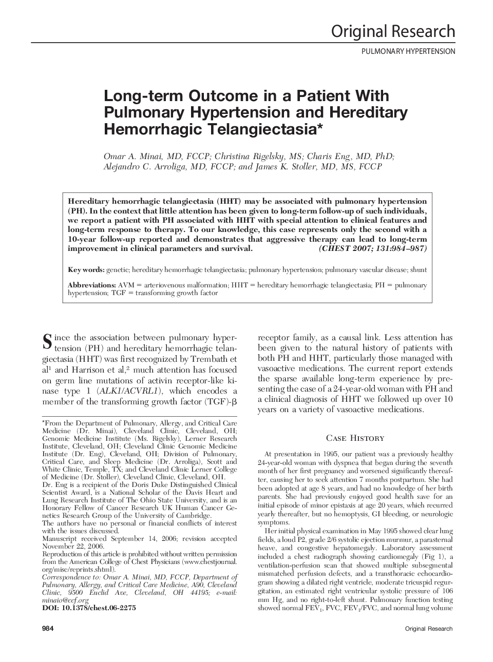 Long-term Outcome in a Patient With Pulmonary Hypertension and Hereditary Hemorrhagic Telangiectasia 