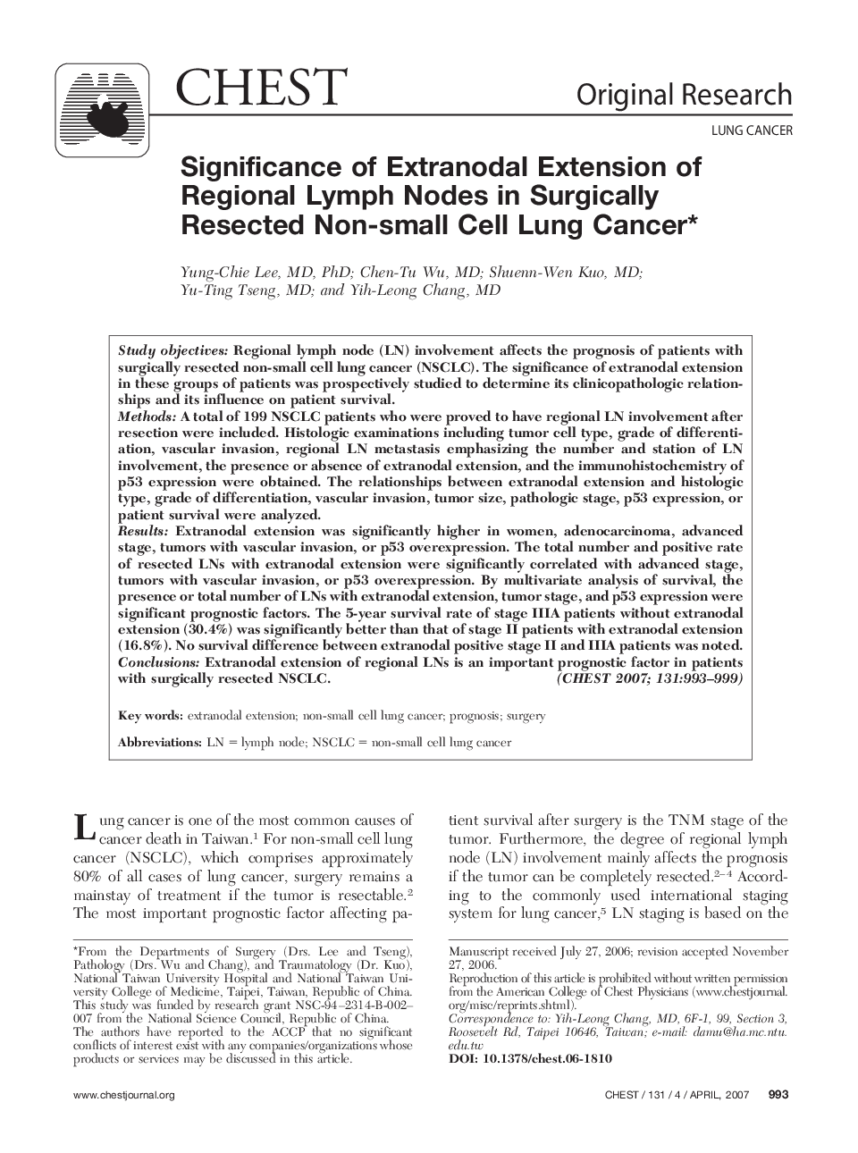 Significance of Extranodal Extension of Regional Lymph Nodes in Surgically Resected Non-small Cell Lung Cancer 