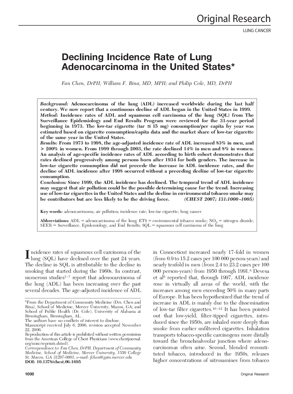 Declining Incidence Rate of Lung Adenocarcinoma in the United States 