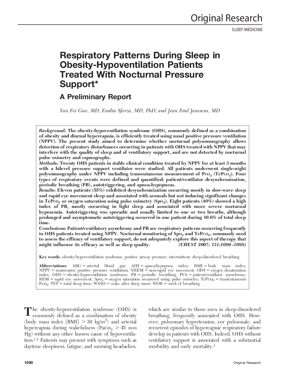 Respiratory Patterns During Sleep in Obesity-Hypoventilation Patients Treated With Nocturnal Pressure Support : A Preliminary Report