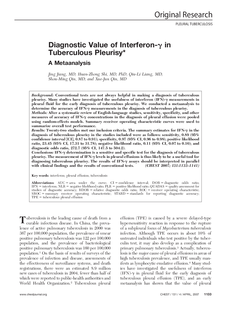 Diagnostic Value of Interferon-γ in Tuberculous Pleurisy : A Metaanalysis