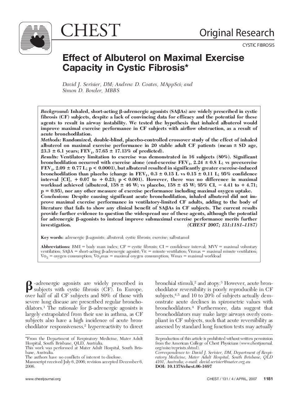 Effect of Albuterol on Maximal Exercise Capacity in Cystic Fibrosis 