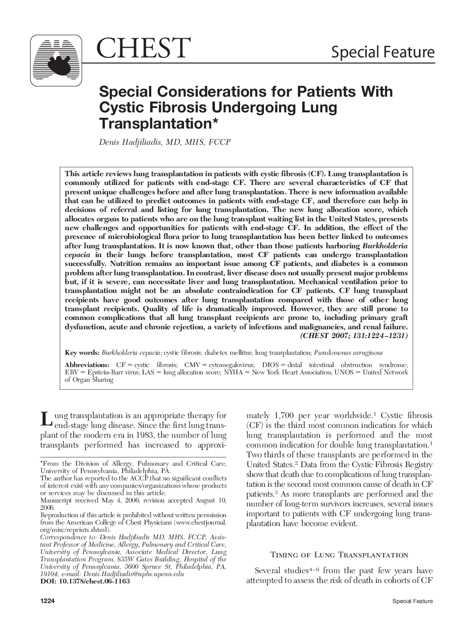 Special Considerations for Patients With Cystic Fibrosis Undergoing Lung Transplantation 