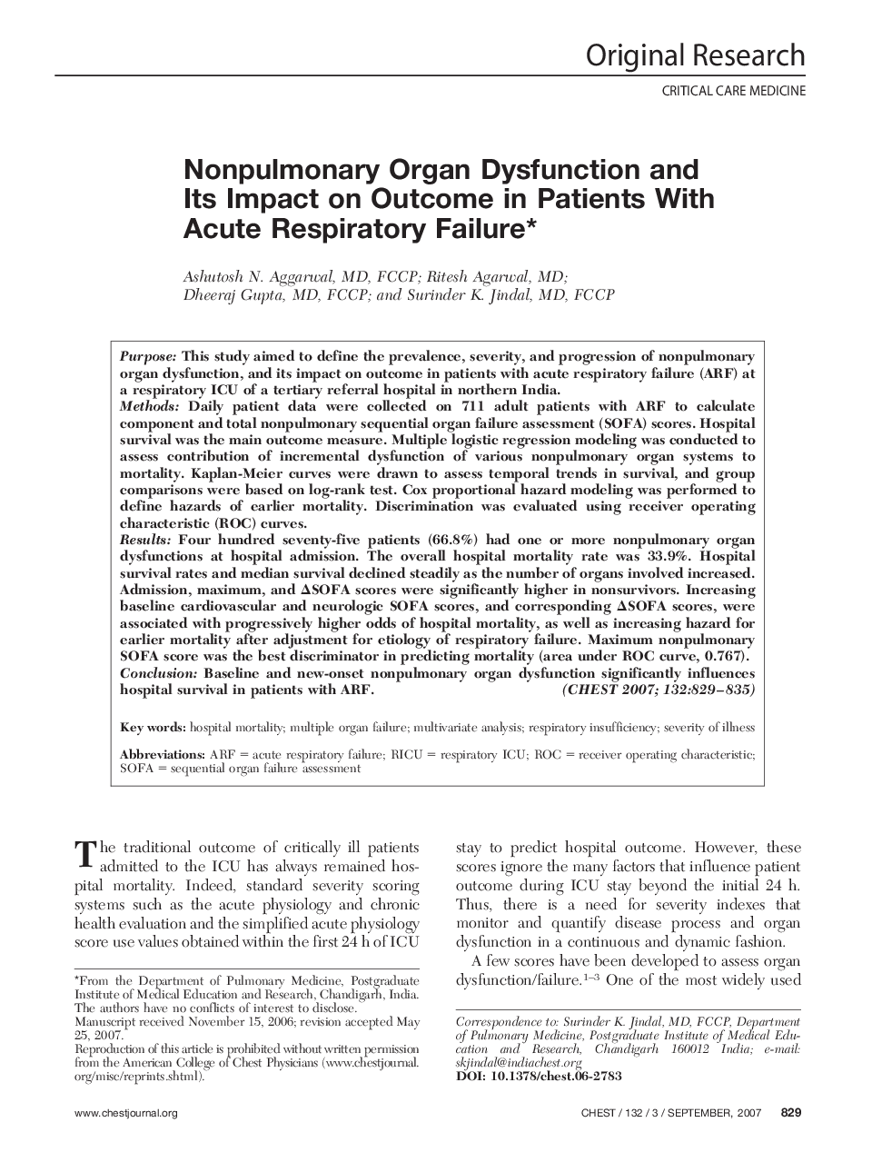 Nonpulmonary Organ Dysfunction and Its Impact on Outcome in Patients With Acute Respiratory Failure 