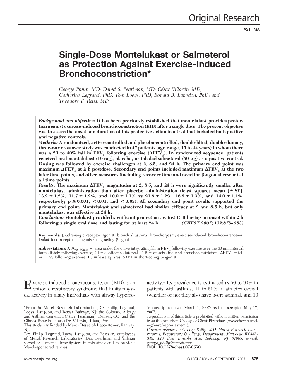 Single-Dose Montelukast or Salmeterol as Protection Against Exercise-Induced Bronchoconstriction 