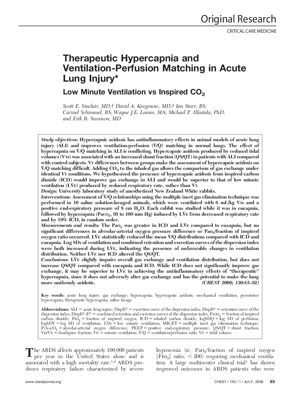 Therapeutic Hypercapnia and Ventilation-Perfusion Matching in Acute Lung Injury : Low Minute Ventilation vs Inspired CO2